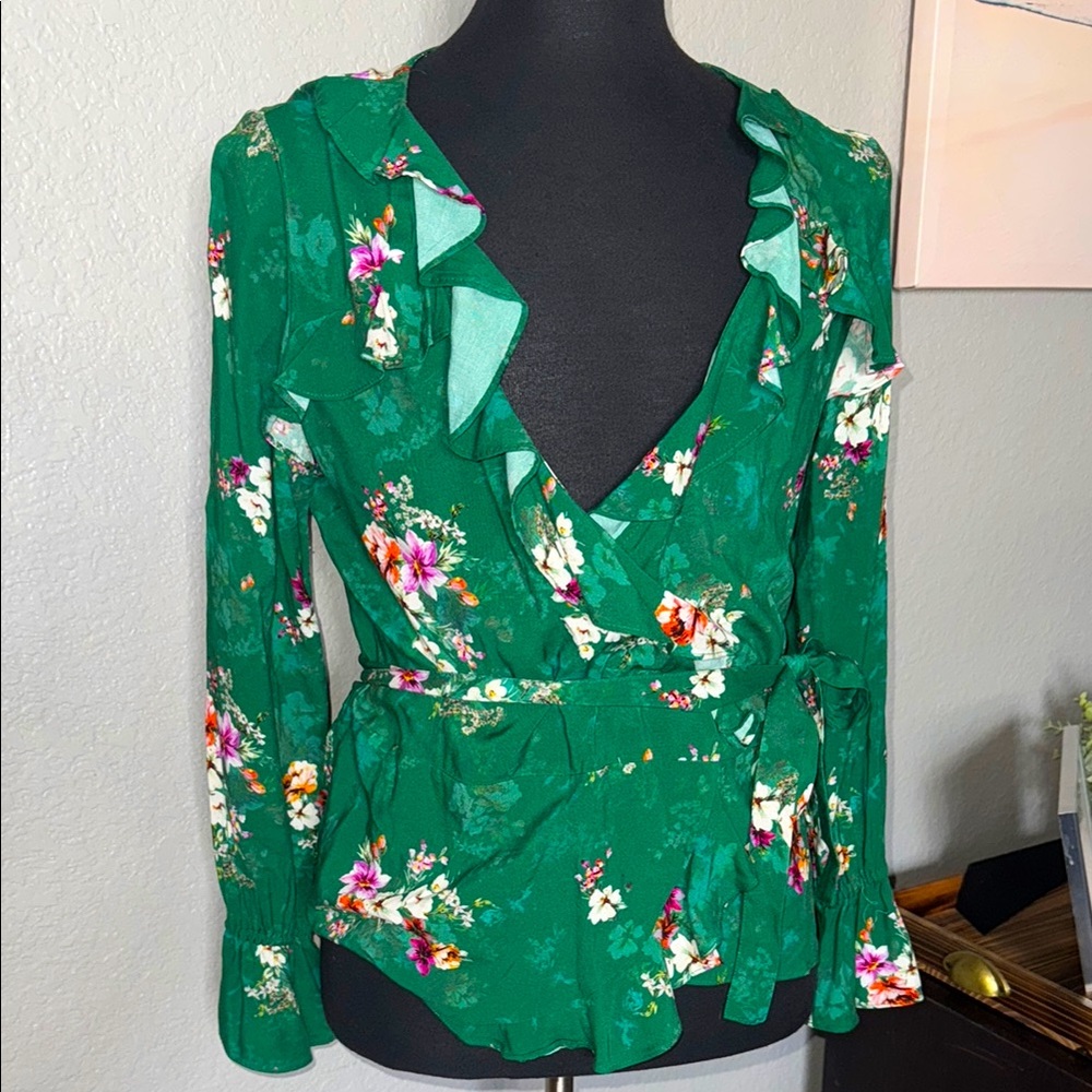 H&M Floral Green Wrap Top